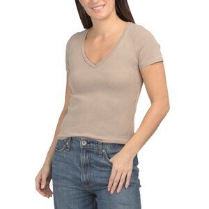 CYRUS Khaki Cotton Blend Sand Washed V-neck Short Sleeve Tee